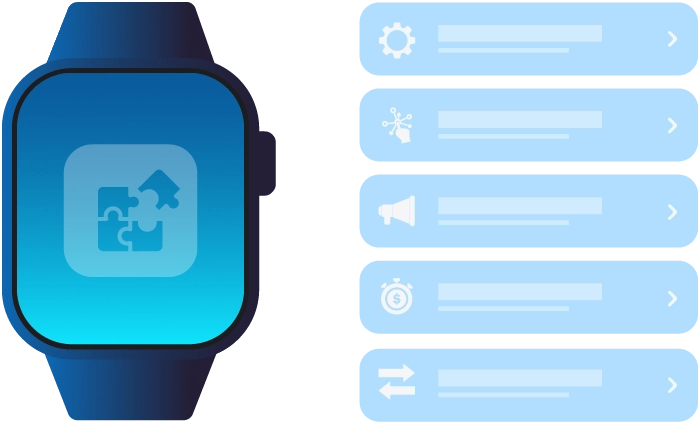 Smartwatch exibindo notificações de gestão e ícone de quebra-cabeça, representando a organização estratégica de um negócio digital.