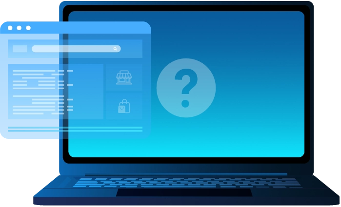 Ilustração de um notebook com ponto de interrogação na tela representando uma empresa invisível para clientes no Google.