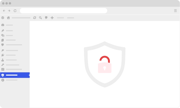 Painel do WordPress com ícone de escudo e cadeado aberto representando vulnerabilidades e a necessidade de reforçar a segurança do site.